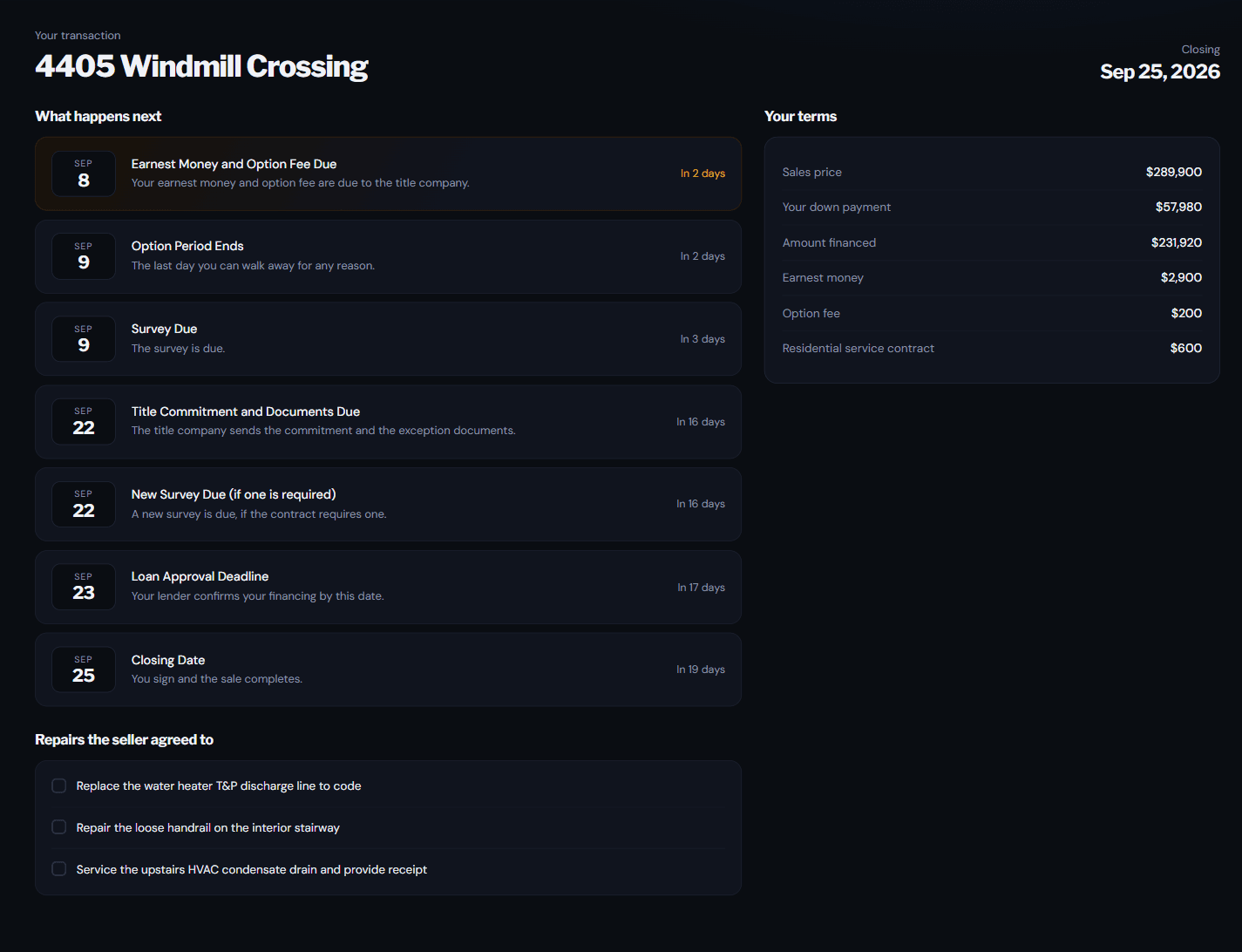 The client portal showing seven dated deadlines, the contract terms and an itemized repair list